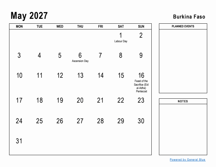 May 2027 Printable Monthly Calendar with Burkina Faso Holidays