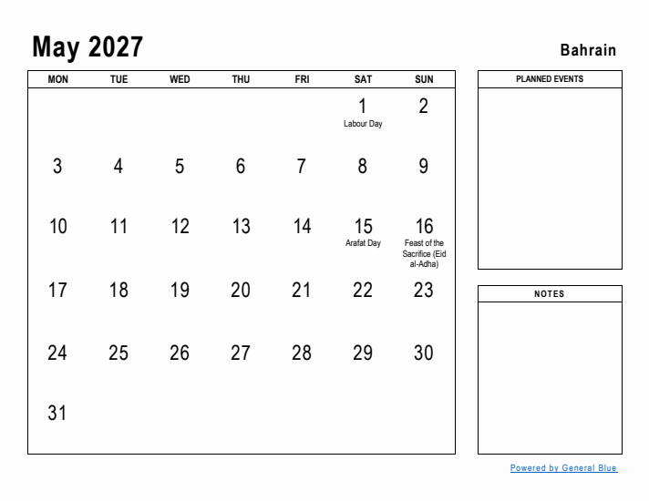 May 2027 Printable Monthly Calendar with Bahrain Holidays