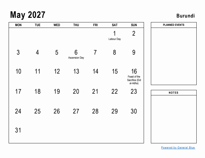 May 2027 Printable Monthly Calendar with Burundi Holidays