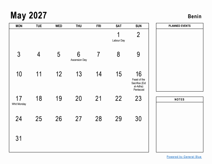 May 2027 Printable Monthly Calendar with Benin Holidays