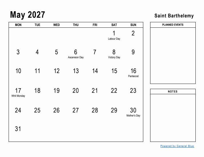 May 2027 Printable Monthly Calendar with Saint Barthelemy Holidays