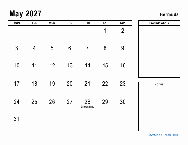 May 2027 Printable Monthly Calendar with Bermuda Holidays