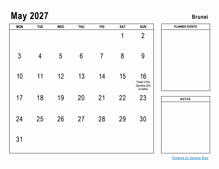 May 2027 Printable Monthly Calendar with Brunei Holidays