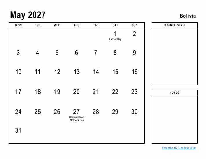 May 2027 Printable Monthly Calendar with Bolivia Holidays