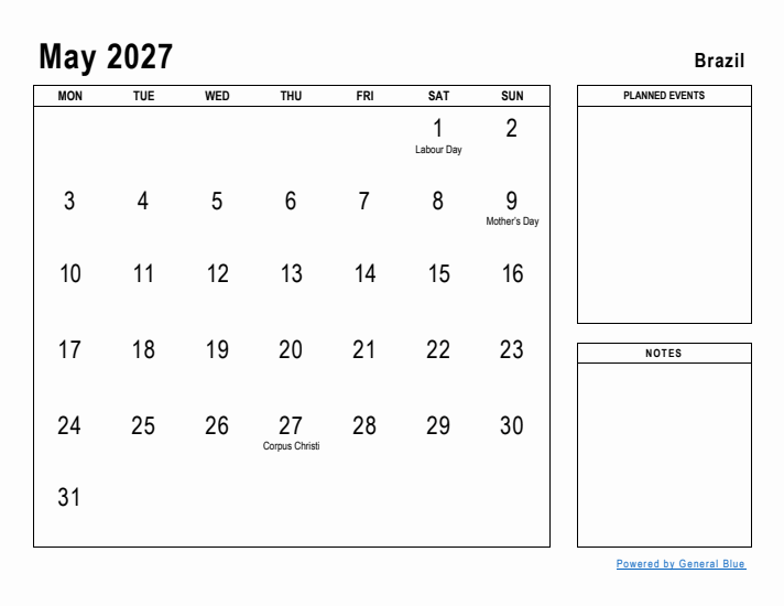 May 2027 Printable Monthly Calendar with Brazil Holidays