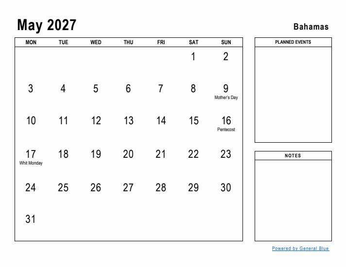 May 2027 Printable Monthly Calendar with Bahamas Holidays