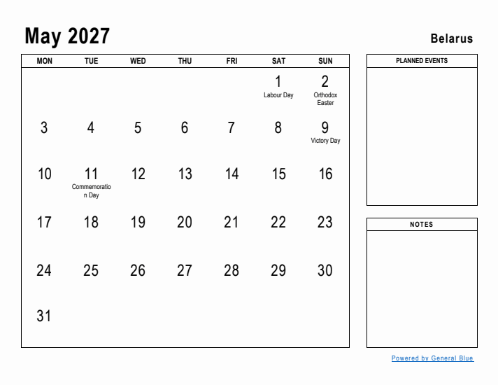 May 2027 Printable Monthly Calendar with Belarus Holidays