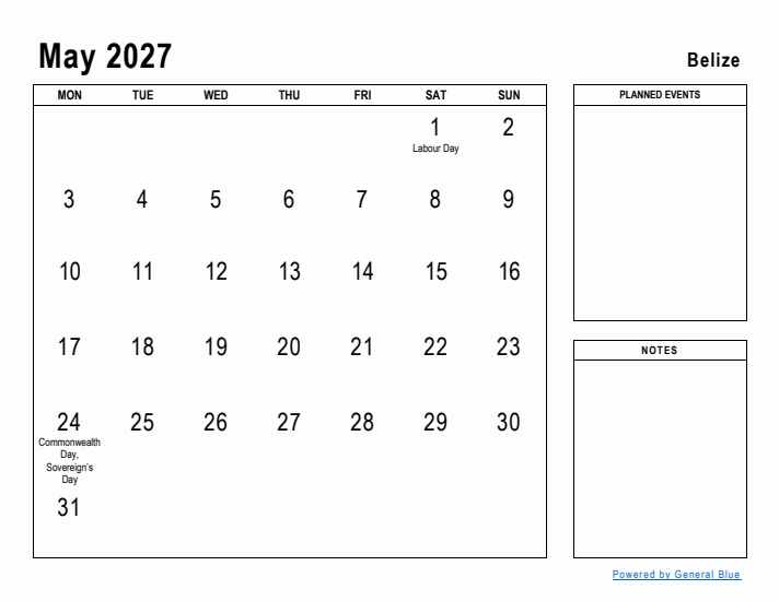 May 2027 Printable Monthly Calendar with Belize Holidays