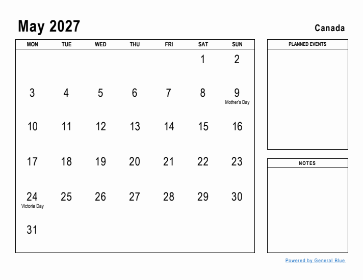 May 2027 Printable Monthly Calendar with Canada Holidays