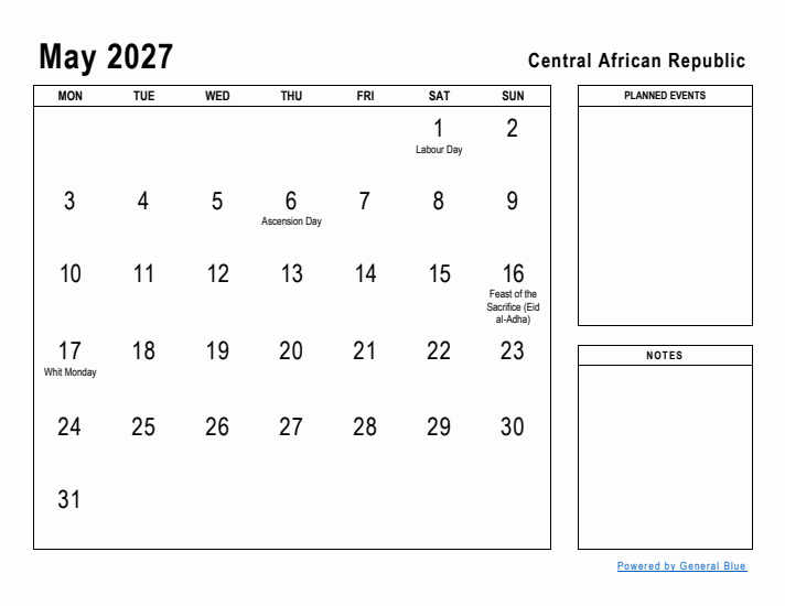 May 2027 Printable Monthly Calendar with Central African Republic Holidays