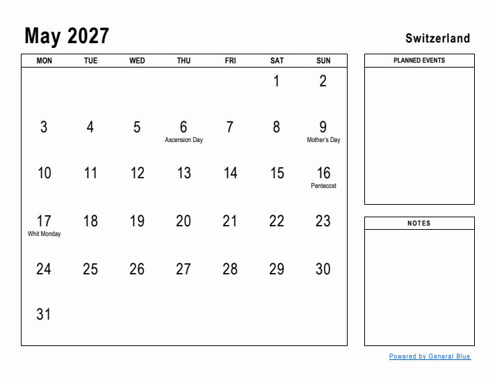 May 2027 Printable Monthly Calendar with Switzerland Holidays