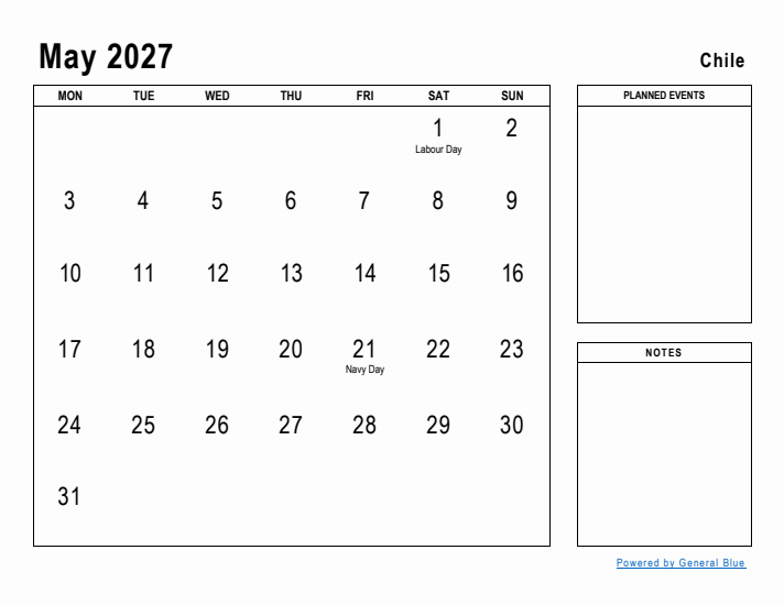 May 2027 Printable Monthly Calendar with Chile Holidays