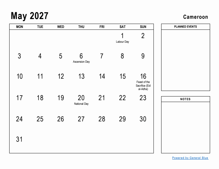 May 2027 Printable Monthly Calendar with Cameroon Holidays