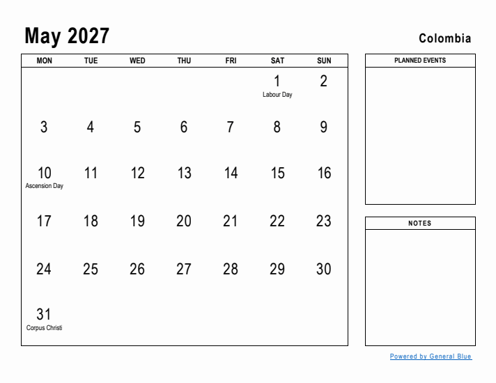 May 2027 Printable Monthly Calendar with Colombia Holidays