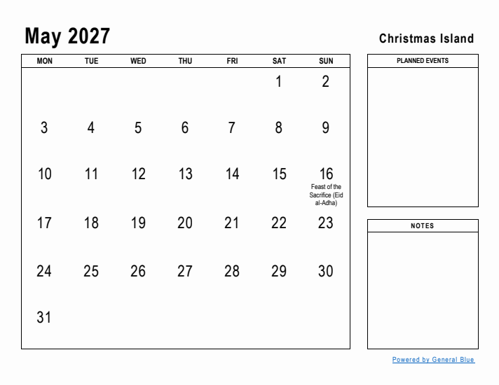 May 2027 Printable Monthly Calendar with Christmas Island Holidays