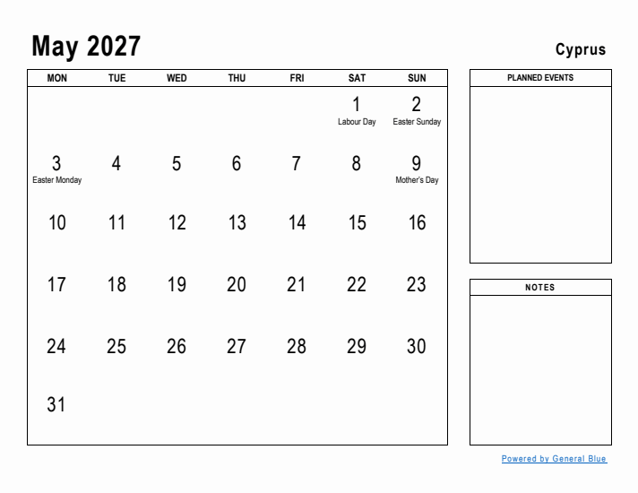 May 2027 Printable Monthly Calendar with Cyprus Holidays