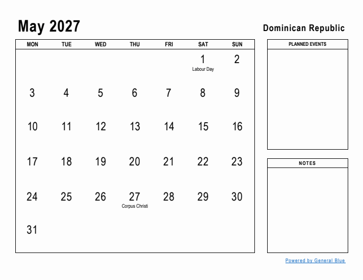 May 2027 Printable Monthly Calendar with Dominican Republic Holidays