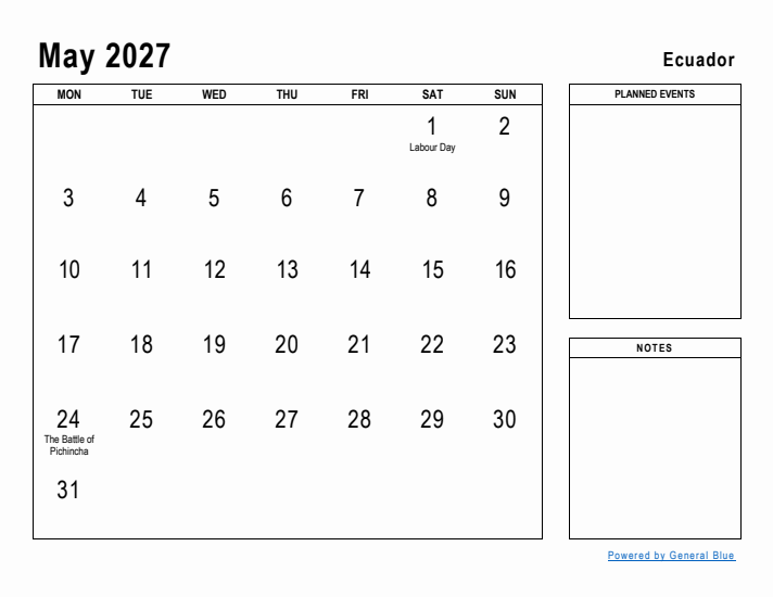 May 2027 Printable Monthly Calendar with Ecuador Holidays