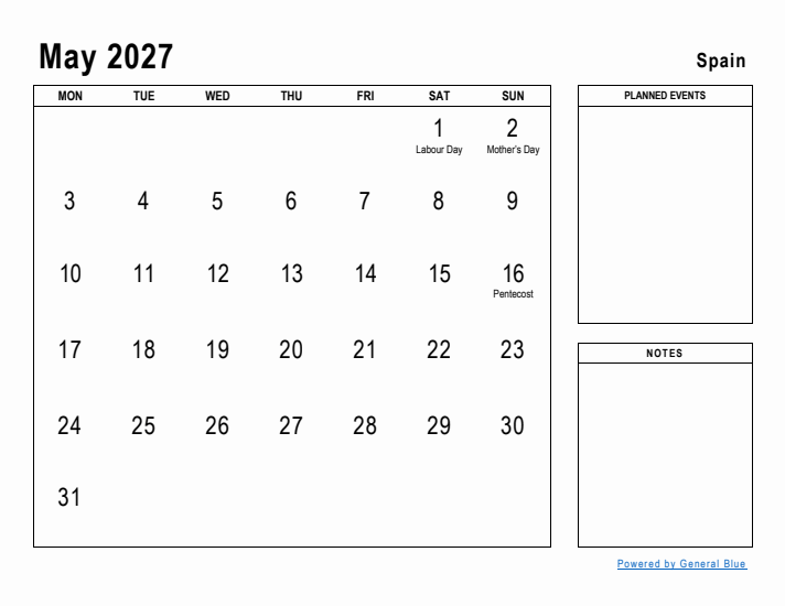 May 2027 Printable Monthly Calendar with Spain Holidays