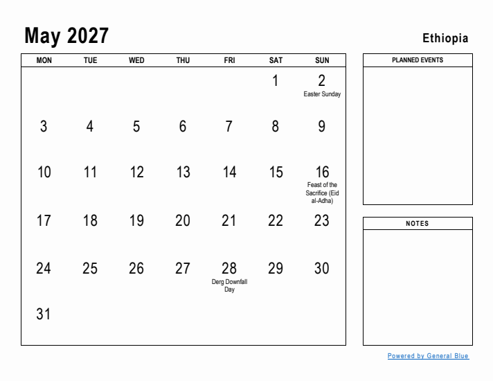 May 2027 Printable Monthly Calendar with Ethiopia Holidays