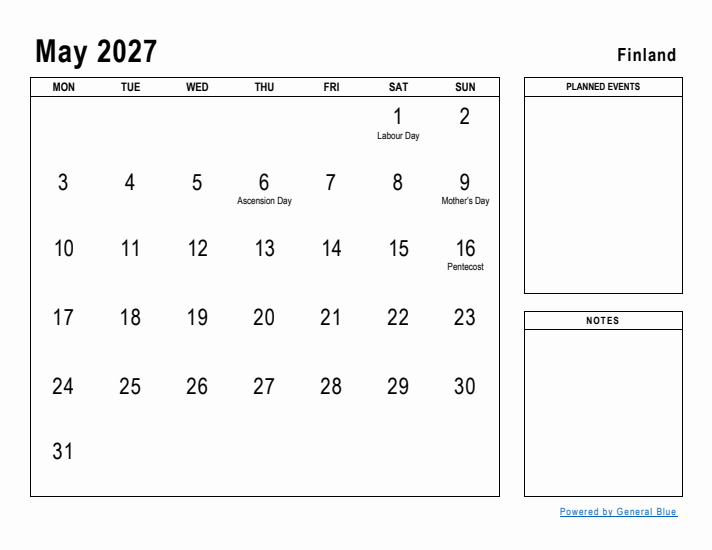 May 2027 Printable Monthly Calendar with Finland Holidays