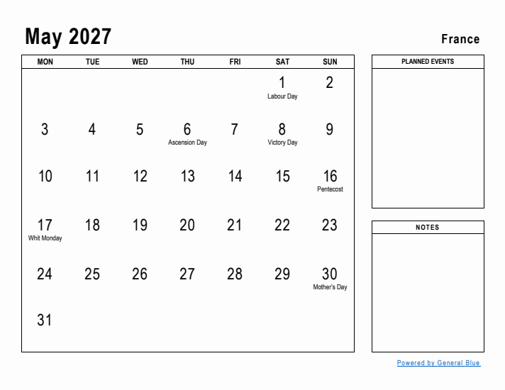 May 2027 Printable Monthly Calendar with France Holidays