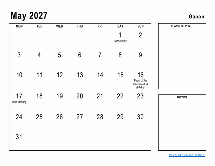 May 2027 Printable Monthly Calendar with Gabon Holidays