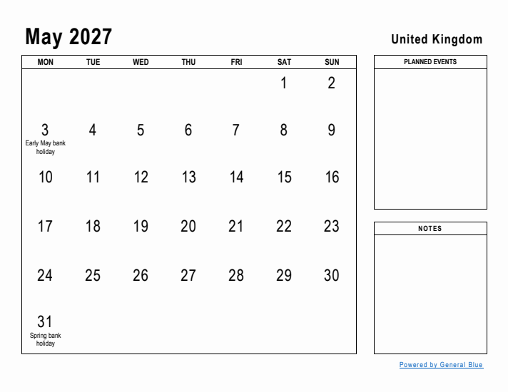 May 2027 Printable Monthly Calendar with United Kingdom Holidays