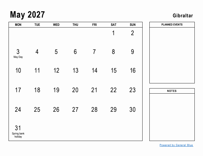 May 2027 Printable Monthly Calendar with Gibraltar Holidays