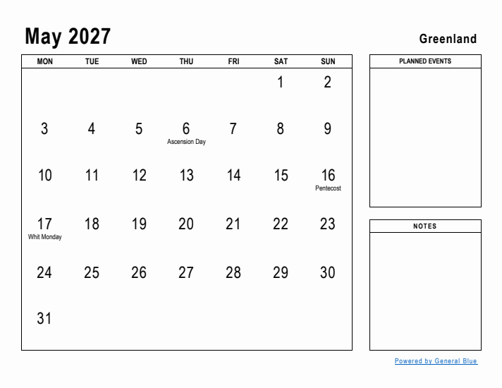 May 2027 Printable Monthly Calendar with Greenland Holidays