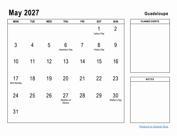 May 2027 Printable Monthly Calendar with Guadeloupe Holidays