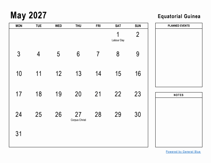 May 2027 Printable Monthly Calendar with Equatorial Guinea Holidays