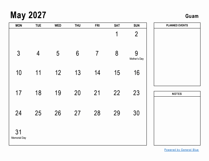 May 2027 Printable Monthly Calendar with Guam Holidays