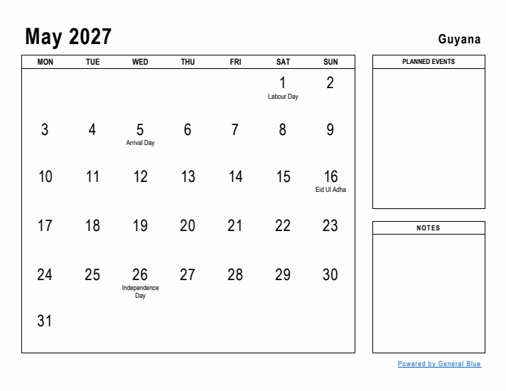 May 2027 Printable Monthly Calendar with Guyana Holidays