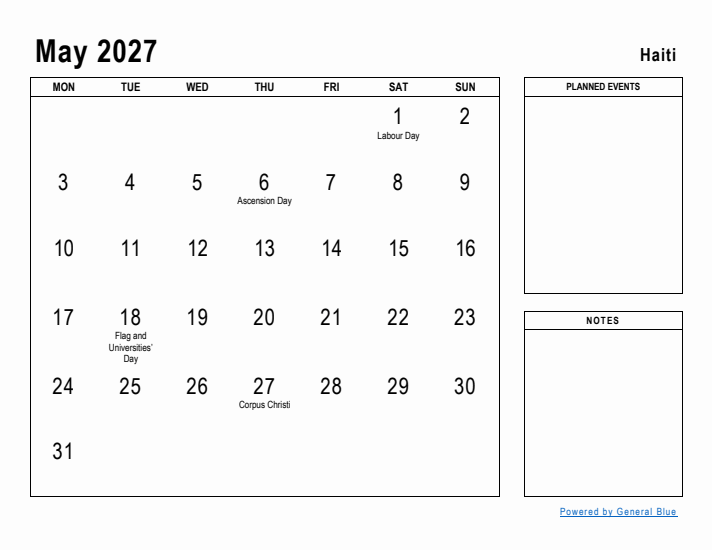 May 2027 Printable Monthly Calendar with Haiti Holidays