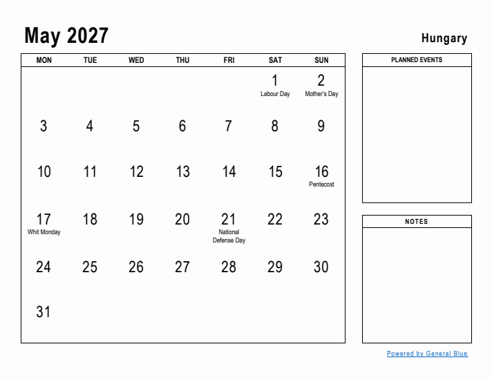 May 2027 Printable Monthly Calendar with Hungary Holidays