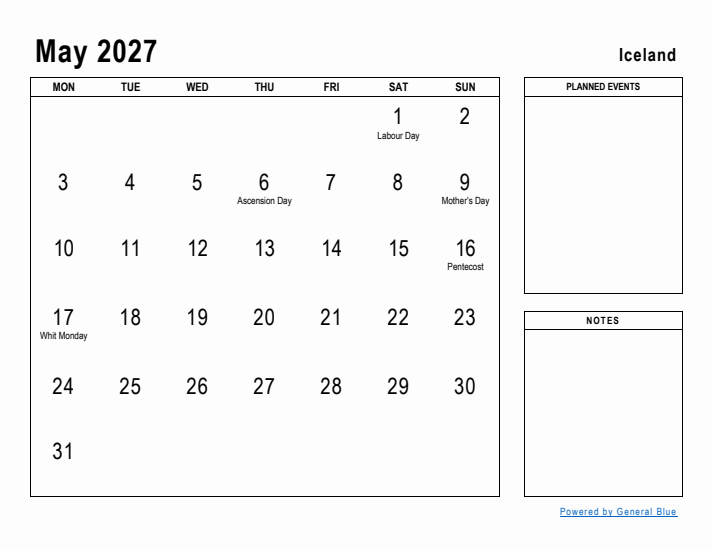 May 2027 Printable Monthly Calendar with Iceland Holidays