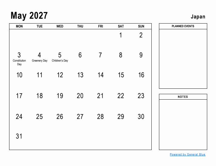 May 2027 Printable Monthly Calendar with Japan Holidays