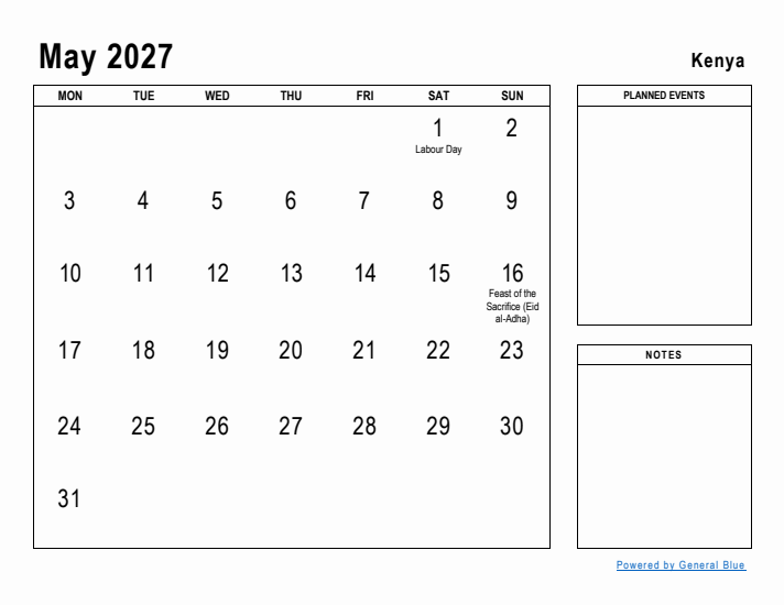 May 2027 Printable Monthly Calendar with Kenya Holidays