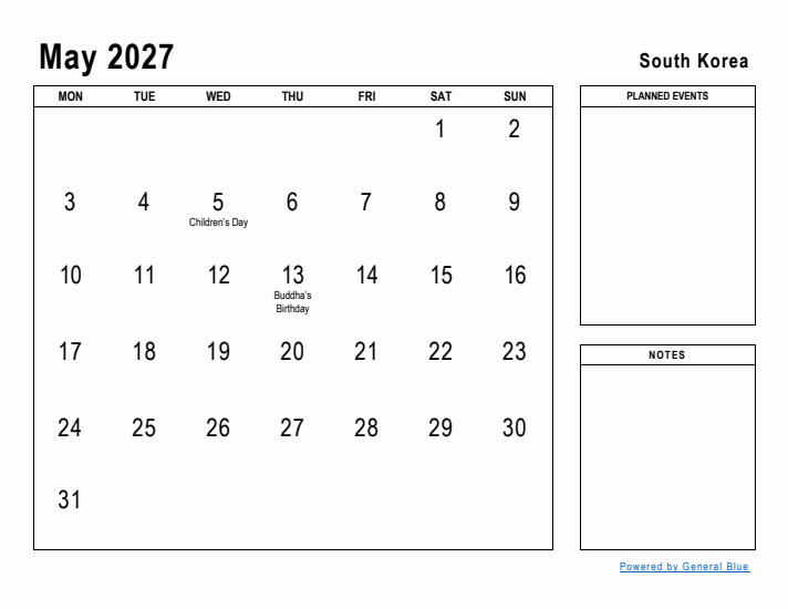 May 2027 Printable Monthly Calendar with South Korea Holidays