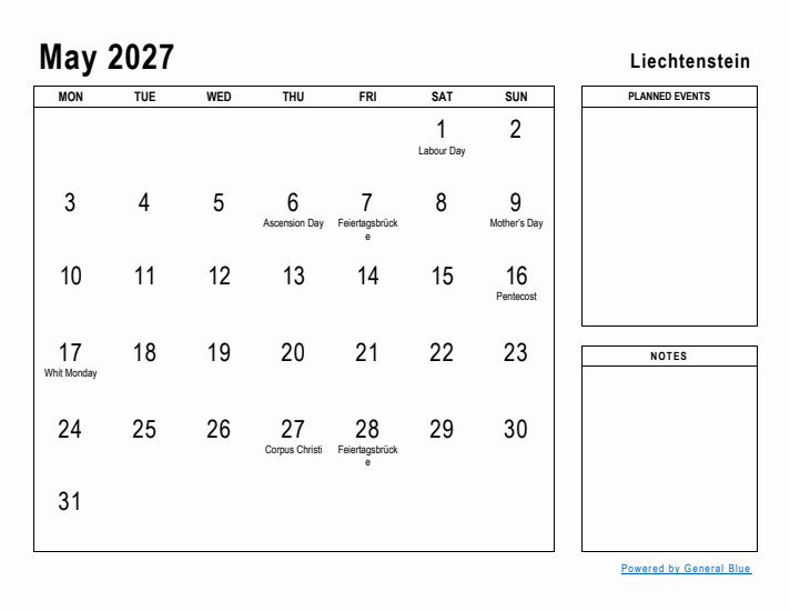 May 2027 Printable Monthly Calendar with Liechtenstein Holidays