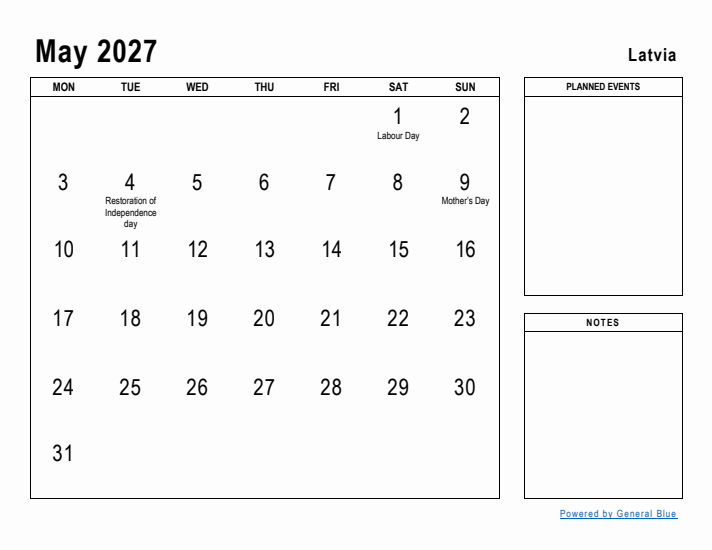 May 2027 Printable Monthly Calendar with Latvia Holidays