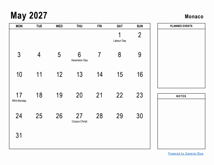 May 2027 Printable Monthly Calendar with Monaco Holidays