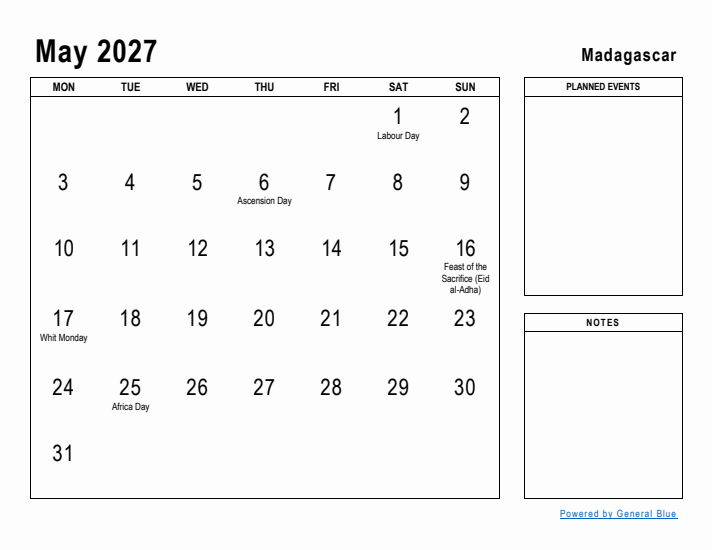 May 2027 Printable Monthly Calendar with Madagascar Holidays