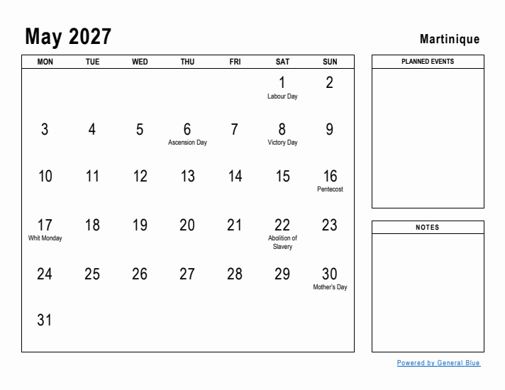 May 2027 Printable Monthly Calendar with Martinique Holidays