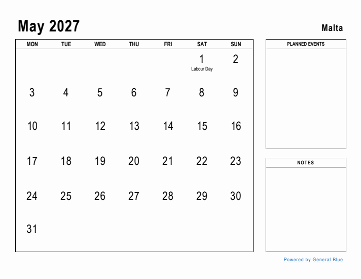 May 2027 Printable Monthly Calendar with Malta Holidays