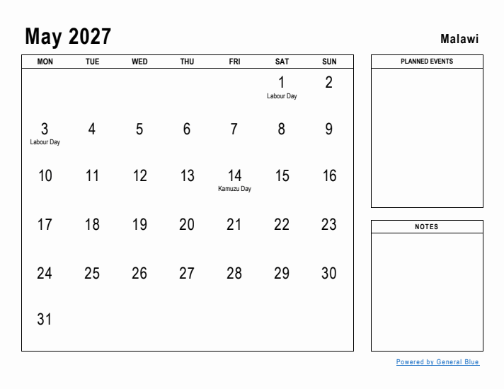 May 2027 Printable Monthly Calendar with Malawi Holidays