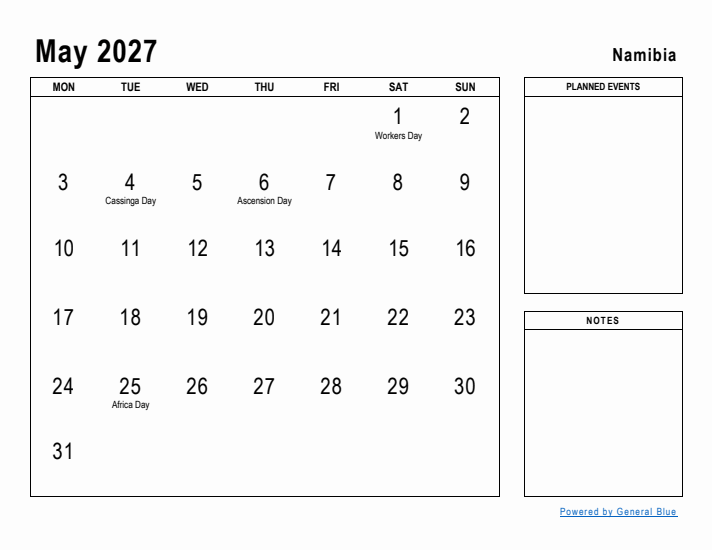 May 2027 Printable Monthly Calendar with Namibia Holidays