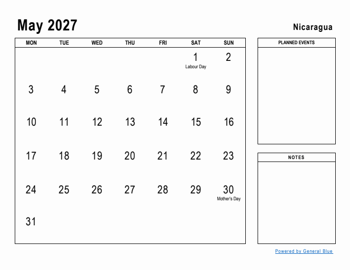 May 2027 Printable Monthly Calendar with Nicaragua Holidays