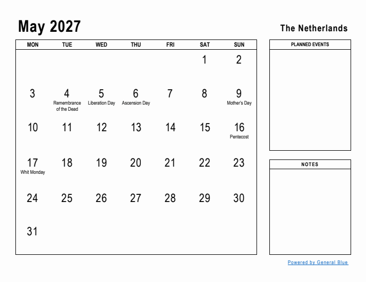 May 2027 Printable Monthly Calendar with The Netherlands Holidays